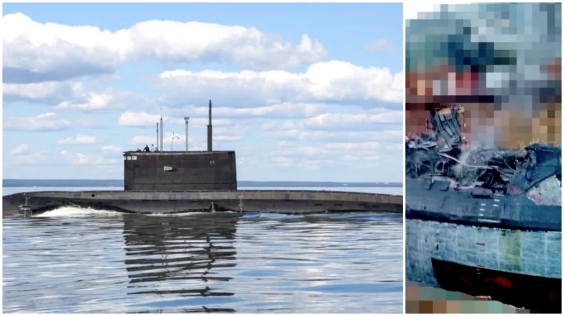 FOTO | Cum arată, de fapt, submarinul rusesc de 300 mil. de dolari după ce a fost lovit de Ucraina în Sevastopol. Rușii au spus că poate fi reparat