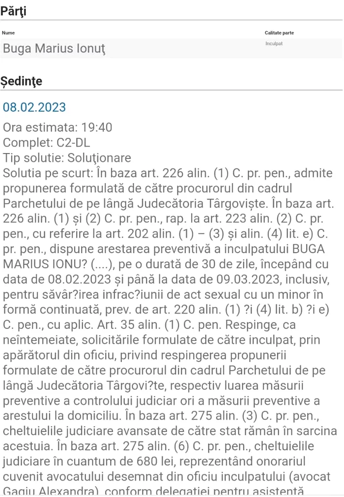 Decizia de arestare a lui Marius Buga