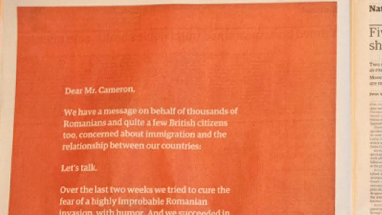 Pagina 8 din The Guardian. MESAJUL ROMÂNILOR către premierul David Cameron