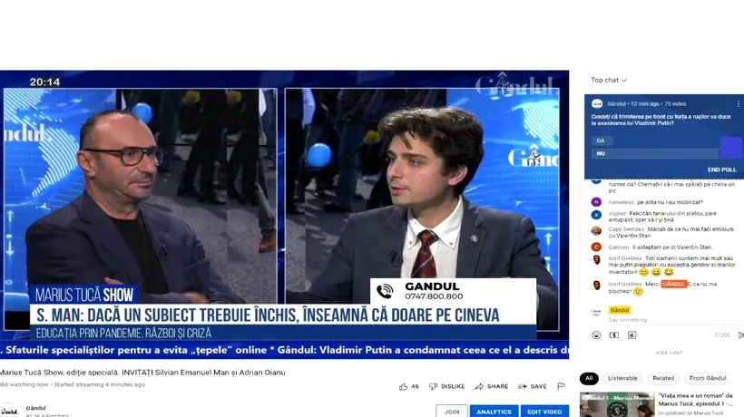Poll Marius Tucă Show: „Credeți că trimiterea pe front cu forța a rușilor va duce la asasinarea lui Vladimir Putin?”. Peste 80% dintre români au răspuns că...
