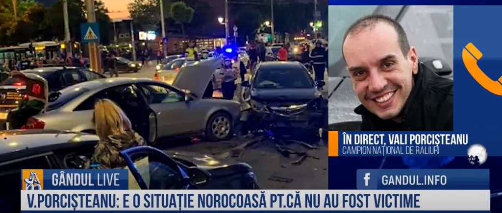 GÂNDUL LIVE. Vali Porcișteanu, campion național la raliuri, despre accidentul cu șase mașini din Capitală: E o situație oarecum norocoasă pentru că nu a murit nimeni. Trebuie să te uiți în toate părțile chiar dacă pare paranoic - VIDEO