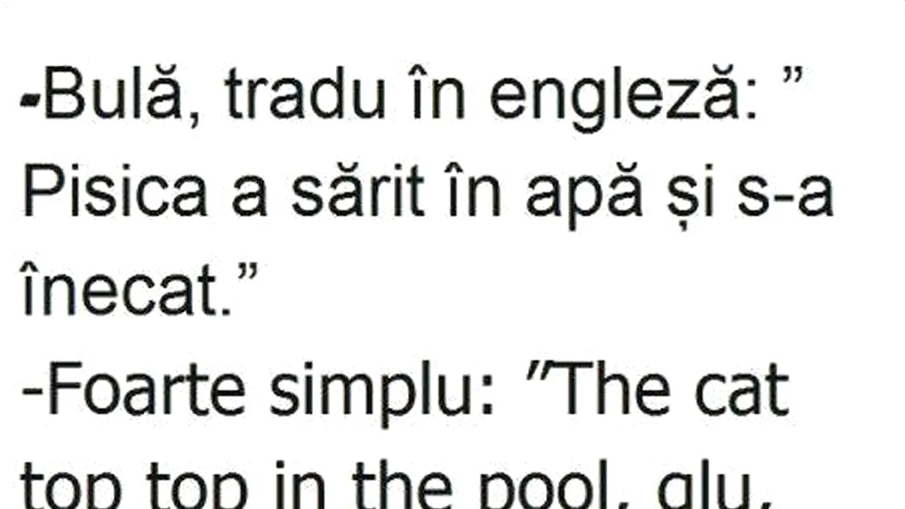 BANC | „Bulă, tradu în limba engleză: Pisica a sărit în apă și s-a înecat