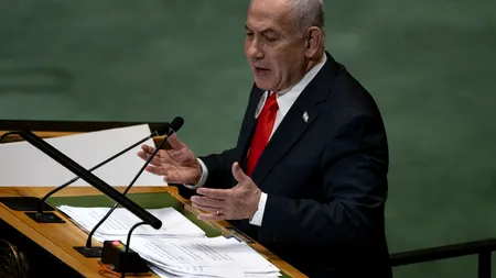 Benjamin Netanyahu a purtat o insignă specială în timpul discursului de la Adunarea Generală a ONU. Ce era inscripționat pe aceasta