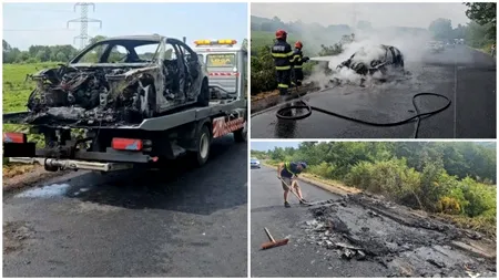 Un BMW serie 5 vechi A LUAT FOC pe DN 58, între Caransebeş şi Reşiţa, la o zi după ce un bărbat îl cumpărase cu 11.000 de euro