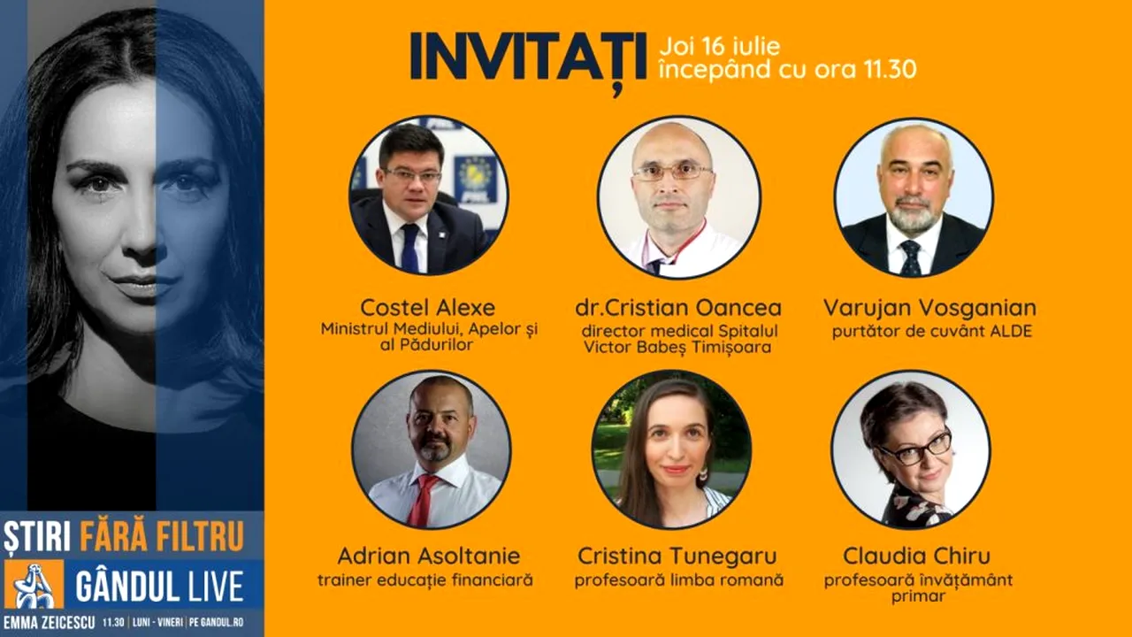 Ministrul Mediului, Apelor și Pădurilor, Costel Alexe, se află printre invitații Emmei Zeicescu la Gândul LIVE, pe 16 iulie, de la ora 11.30