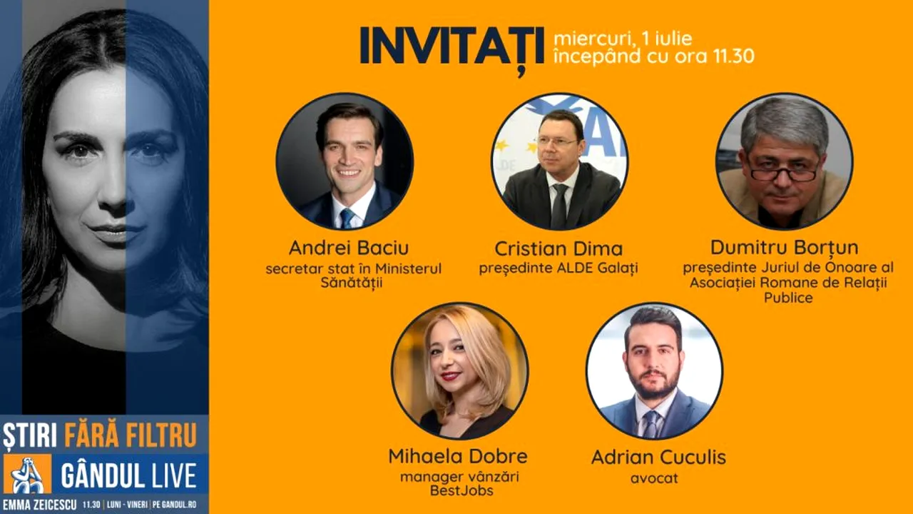 GÂNDUL LIVE. Avocatul Adrian Cuculis și Andrei Baciu, secretar de stat în Ministerul Sănătății, printre invitații Emmei Zeicescu, pe 1 iulie, de la ora 11.30