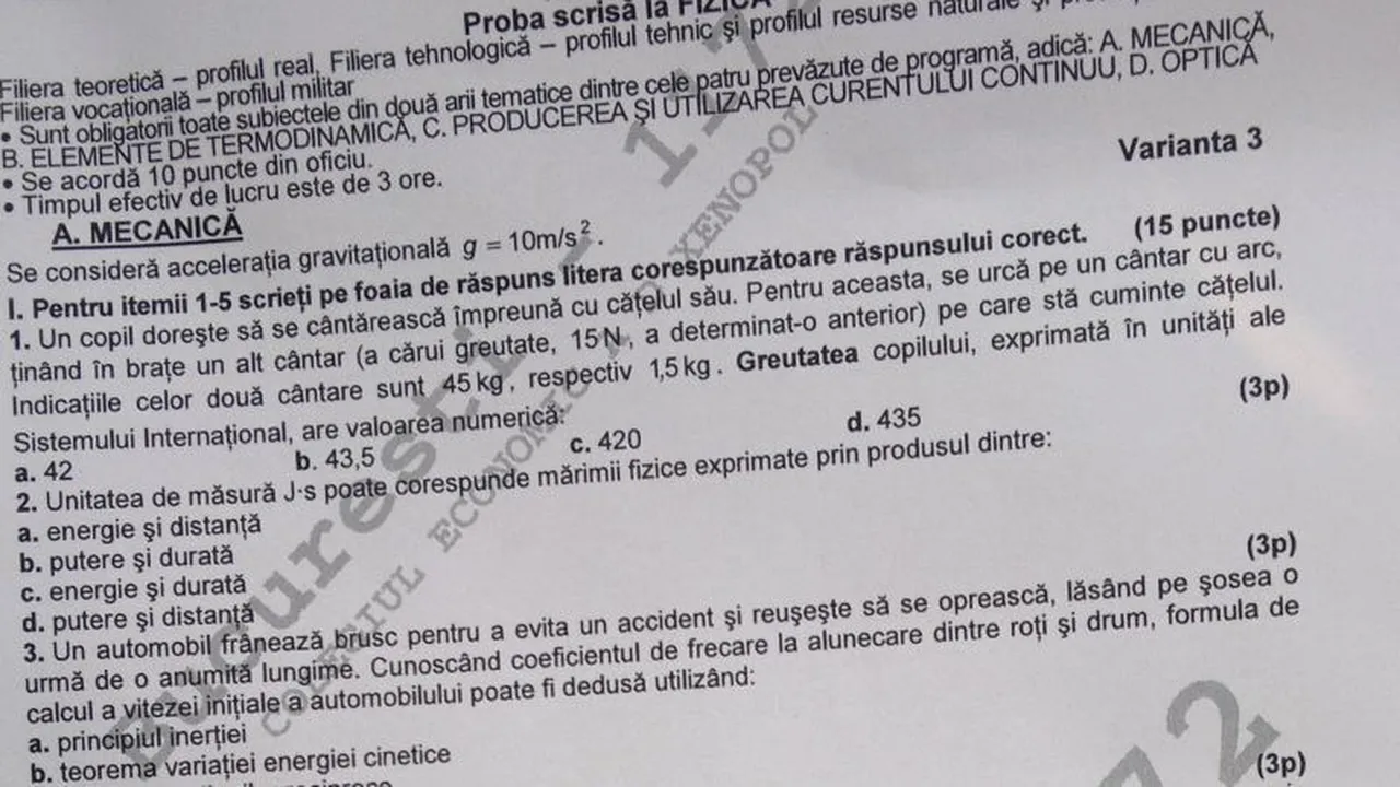 BAC 2012 SESIUNEA TOAMNĂ. SUBIECTE FIZICĂ, sesiunea august-septembrie 2011
