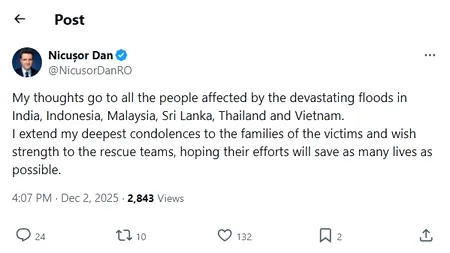 Nicușor Dan, înduioșat de inundațiile din Asia. Nimic despre criza apei care afectează 100.000 de români și lovește în producția energetică a României
