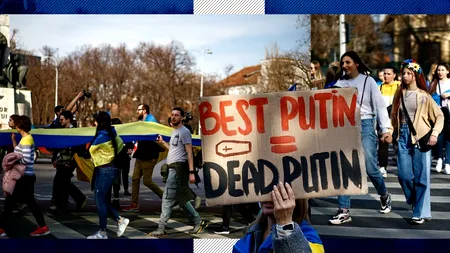 Marș de furie pentru Moscova și Putin și recunoștință pentru eroii Ucrainei, la București. „Rusia, stat terorist”, „Slava Ucraina”