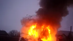 FOTO-VIDEO . A ars ca o torță. Un camion care transporta carne a luat foc în Prahova. Ce s-a întâmplat cu șoferul și pasagerul autoutilitarei / Traficul este blocat