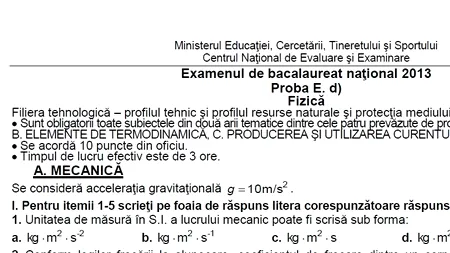 BACALAUREAT 2013. Subiecte  BAC 2013 - proba scrisă la  fizică