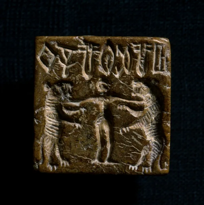 Sigiliu din Harappa cu un bărbat care pare să îmblânzească doi tigri