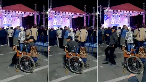 Un bărbat aflat în scaun cu rotile, filmat în timp ce se ridică şi începe să danseze, la Zilele Oraşului Deva