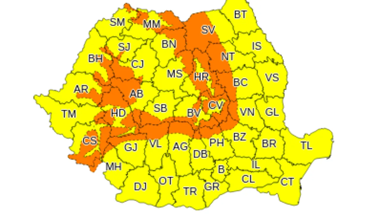 Alertă de cod portocaliu pentru 27 de județe valabilă până luni seara