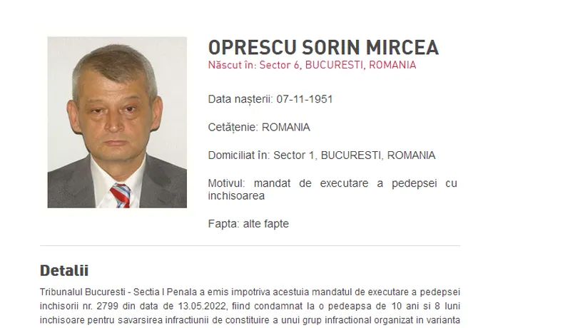 Sorin Oprescu, condamnat definitiv la 10 ani și 8 luni de închisoare pentru luare de mită, a fost dat în urmărire de Poliția Română