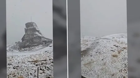 Imagini spectaculoase de la Vârful Omu. Ninge ca în plină iarnă, iar stratul de zăpadă a acoperit muntele