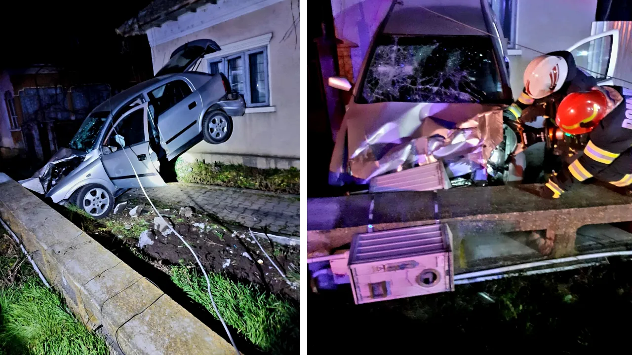 Cascador fără voie. O familie din Giurgiu s-a trezit cu o mașină înfiptă în peretele casei, în miez de noapte. Șoferul a ajuns la spital