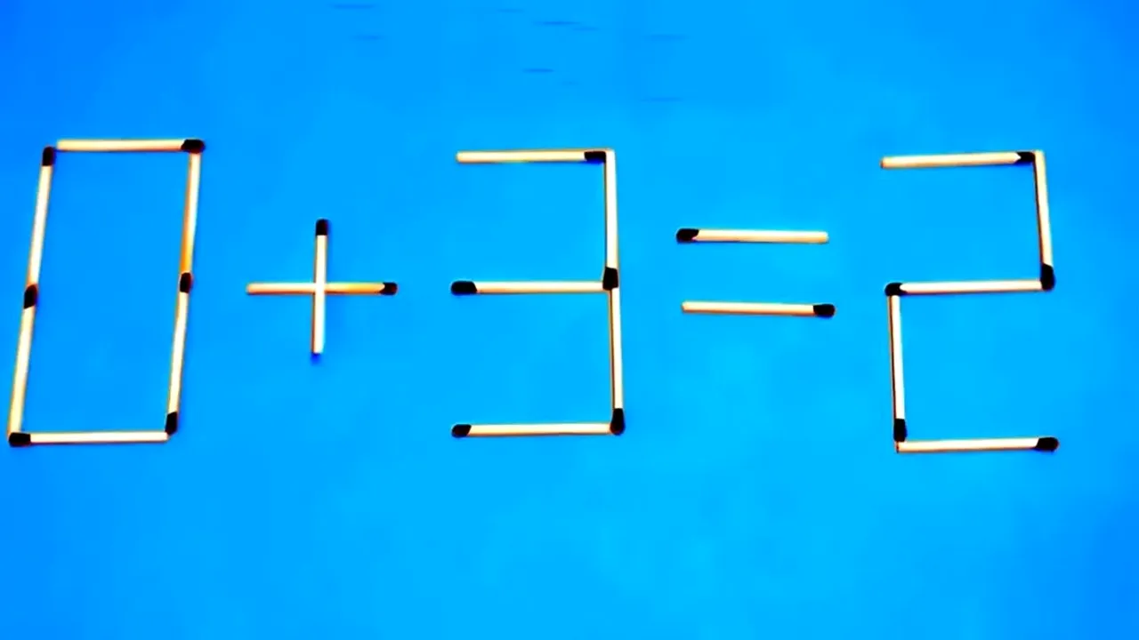 TEST IQ | Mută un băț de chibrit pentru a corecta următoarea ecuație: 0+3=2