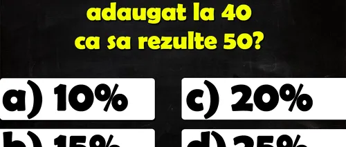 Test de inteligență de rezolvat în 10 secunde | Ce procentaj ar trebui adăugat la 40 ca să rezulte 50?