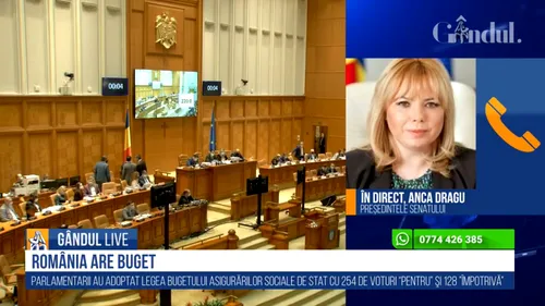 GÂNDUL LIVE. Anca Paliu-Dragu, președintele Senatului: „Bugetul reflectă promisiunea coaliției: creștere susținută, bazată pe investiții”