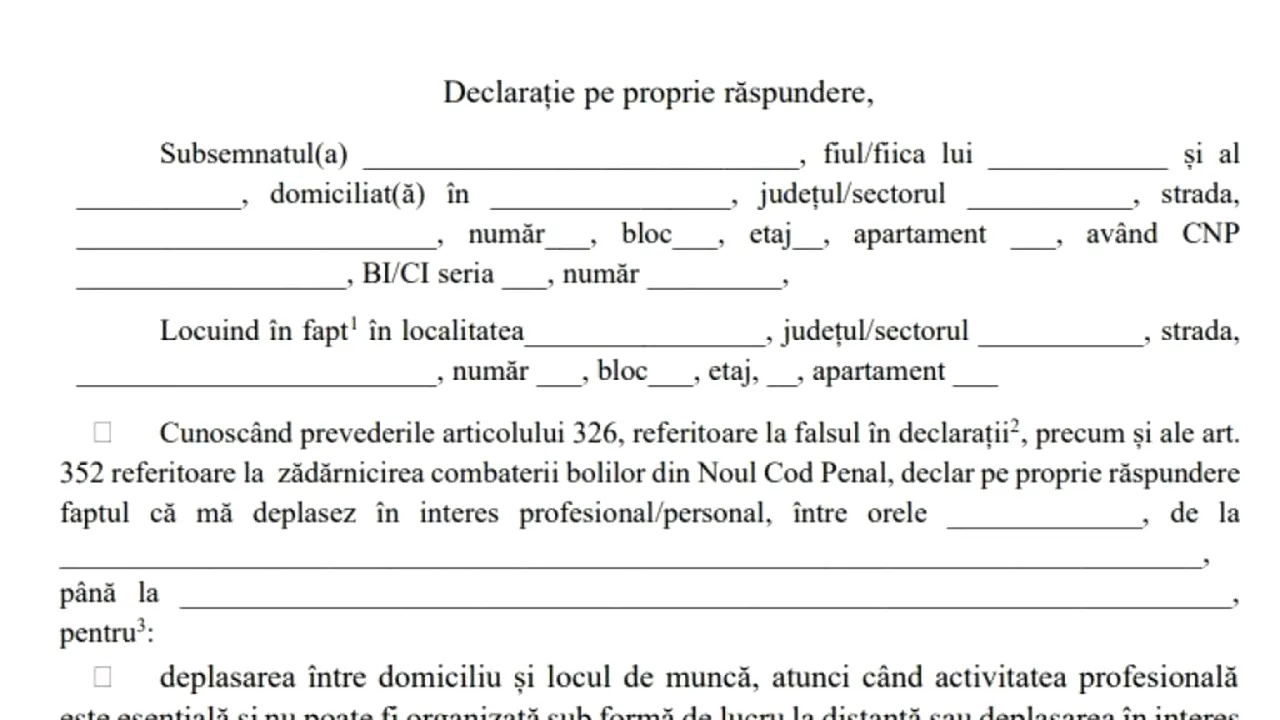 ORDONAȚA MILITARĂ | Modelul oficial al declarației pe propria răspundere cu care poți ieși din casă