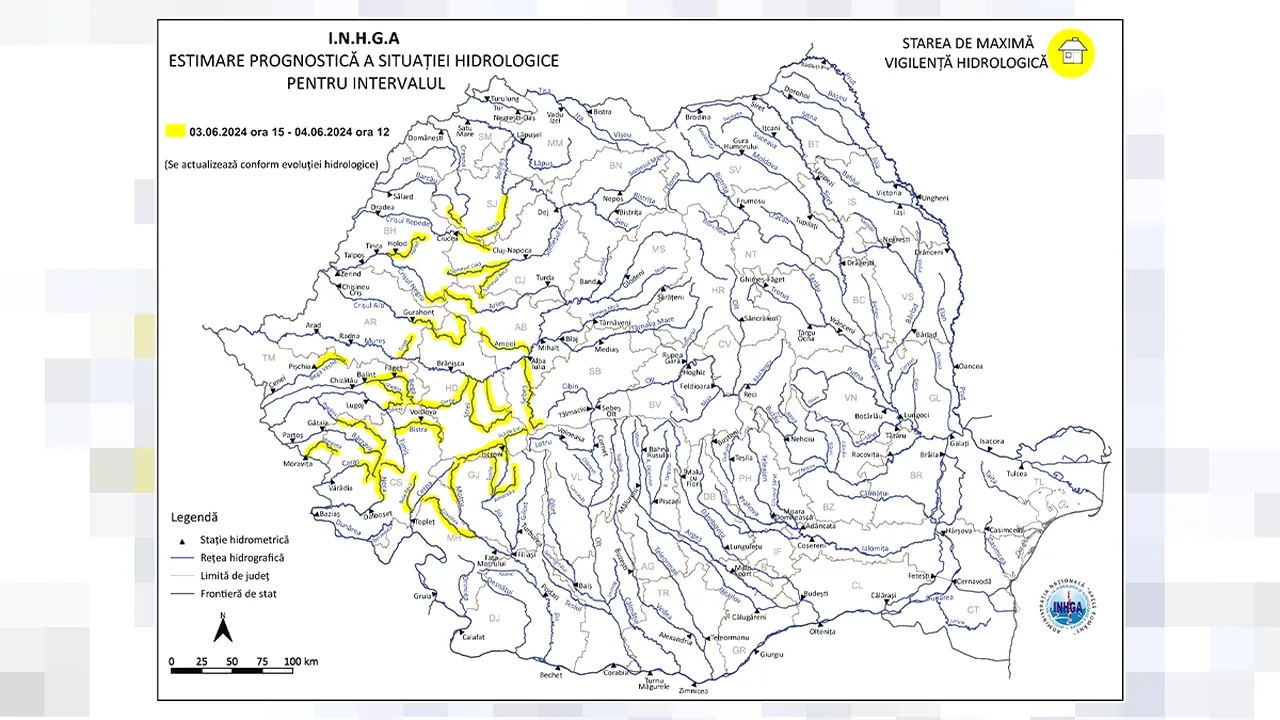 Cod Galben de viituri și inundații în bazinele hidrografice din Vestul și Sud-Vestul României