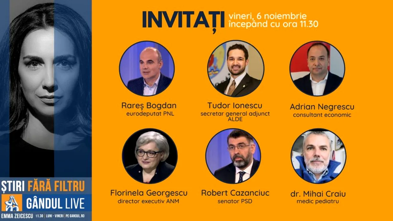 Europarlamentatul PNL Rareș Bogdan și senatorul PSD Robert Cazanciuc, printre invitații Emmei Zeicescu la ediția Gândul LIVE de vineri, 6 noiembrie, de la ora 11.30