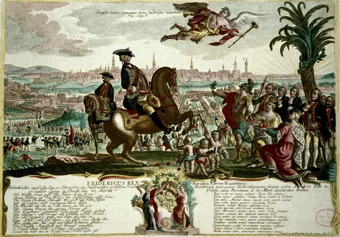 Frederic cel Mare, în drum spre Berlin - alegorie la Tratatul de Pace de la Hubertusburg din februarie 1763 