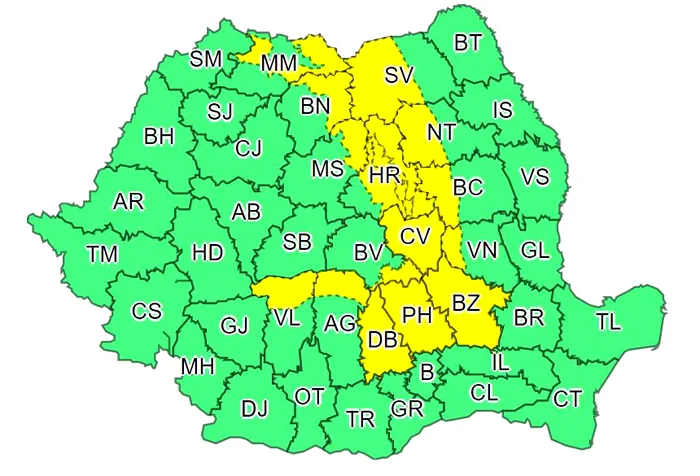 Cod galben de furtuni. Sursa: meteoromania.ro