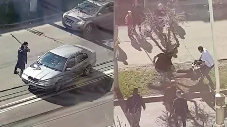 Imagini șocante surprinse la Baia Mare. Un bărbat lovește cu o bară metalică mai multe mașini | VIDEO