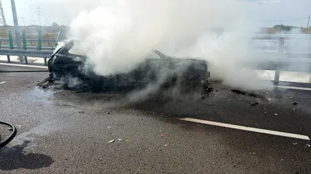Accident grav pe Drumul Expres Craiova-Pitești. O mașină a luat foc, după ce s-a izbit de parapet