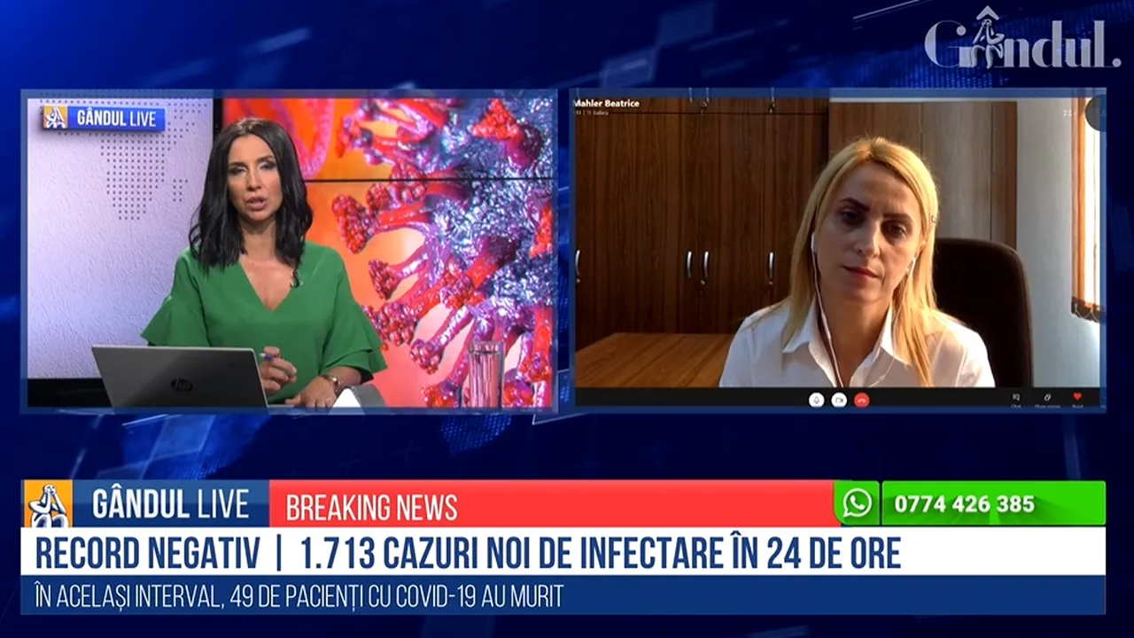 GÂNDUL LIVE. Beatrice Mahler, după explozia numărului de cazuri noi. Cifrele sunt îngrijorătoare / Încă avem efectul concediilor, socializarea în restaurante și începerea școlii, după săptămâna viitoare