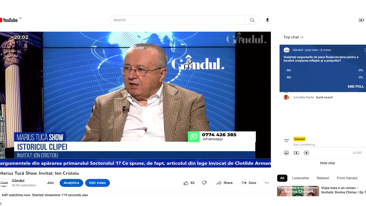 Poll Marius Tucă Show: „Susțineți negocierile de pace dintre Rusia și Ucraina, pentru a încetini creșterea inflației și a prețurilor?”