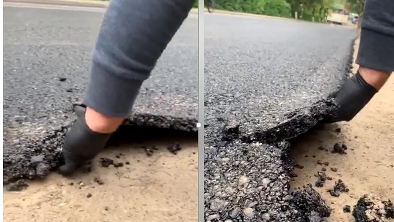 Lucrare în bătaie de joc la Vatra Dornei. Asfaltul pe care se circulă deja se poate îndepărta cu mâinile goale - VIDEO