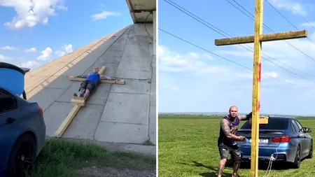 Luptător MMA, filmat în timp ce era răstignit pe cruce și tras de un BMW. După câteva zile, si-a distrus maşina într-un accident