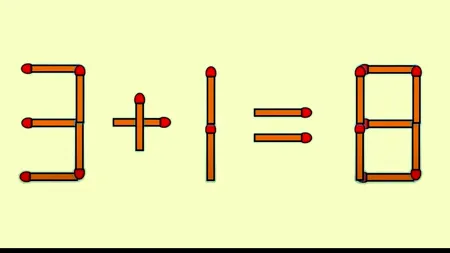 TEST IQ | Mutați un singur băț de chibrit, pentru a corecta ecuația: 3 + 1 = 8