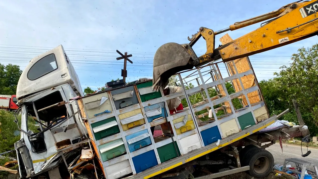 Un camion plin cu stupi a fost lovit de un tren de călători, în orașul Piatra-Olt din județul Olt (FOTO-VIDEO)