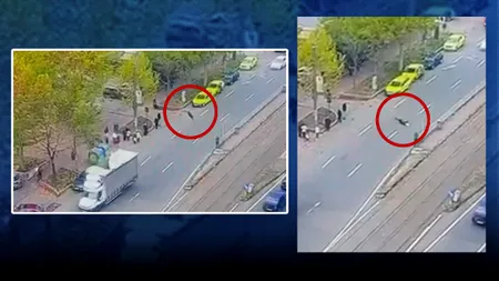 Momentul în care o femeie din București este proiectată în aer de un cablu de tramvai care s-a rupt. Femeia este în stop-cardiorespirator
