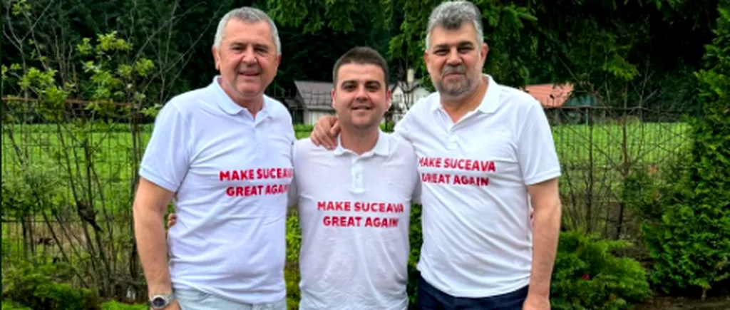 Marcel Ciolacu, în tricoul oferit de Gheorghe Șoldan cu mesajul ,,Facem Suceava grozavă din nou: ,Și așa se va întâmpla!