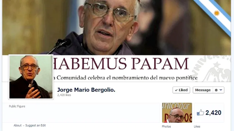 PAPA FRANCISC, JORGE MARIO BERGOGLIO, are pagină de Facebook: Bine ai venit, PAPA FRANCISC. VIDEO