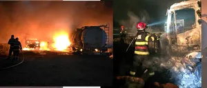 Un incendiu violent mistuie un parc auto din 2Mai. Cisterne de bitum fără încărcătură ard. Nu sunt victime