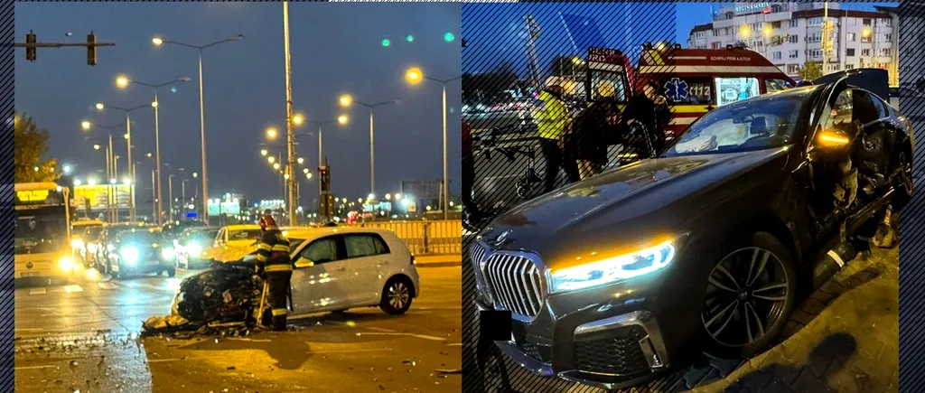 Accident spectaculos în Băneasa, București. Șoferul fără centură al unui BMW a confundat CULOAREA SEMAFORULUI. El a fost singura victimă