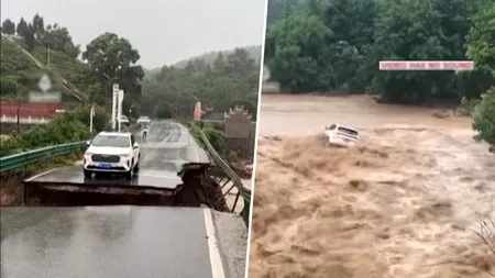 Ploile torențiale au dărâmat un pod din China. Mașini filmate în timp ce se prăbușesc în gol