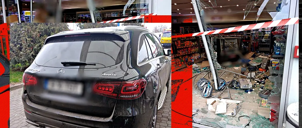 FOTO: Șoferul unui Mercedes a distrus o parte dintr-o benzinărie din Arad. Poliția: „Efectua o manevră de mers înapoi”