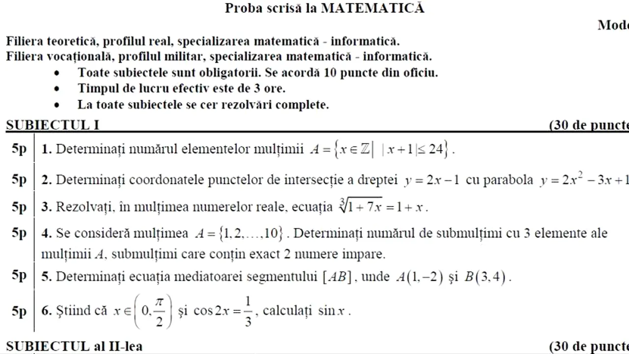 SUBIECTE BAC 2012 - MODEL MATEMATICA M1, M2