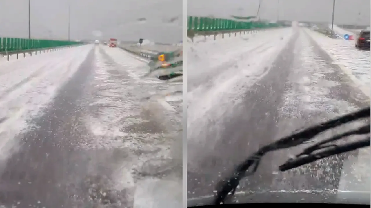 Grindină în Constanța. Autostrada A4, acoperită de gheață- VIDEO