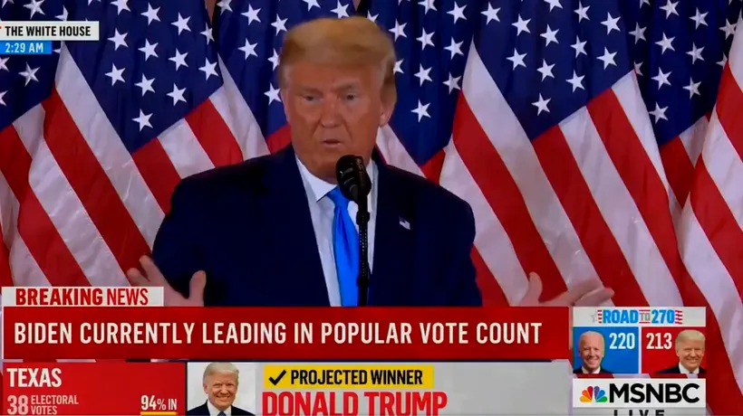 ALEGERI SUA 2020. Război pe față între președinte și mass-media! Patru televiziuni din America i-au oprit microfonul lui Trump în timpul discursului! - VIDEO