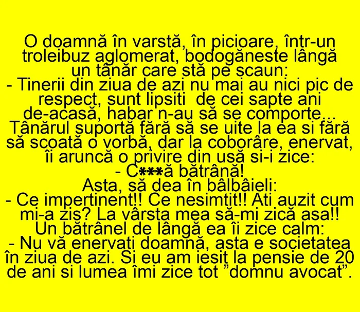 Bancul de marți | O doamnă în vârstă, în troleibuz, bodogănește lângă un tânăr care stă pe scaun