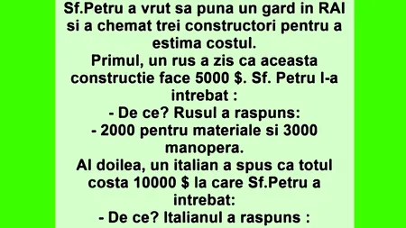 Bancul de duminică | Sfântul Petru vrea să facă un gard în Rai și cheamă 3 constructori
