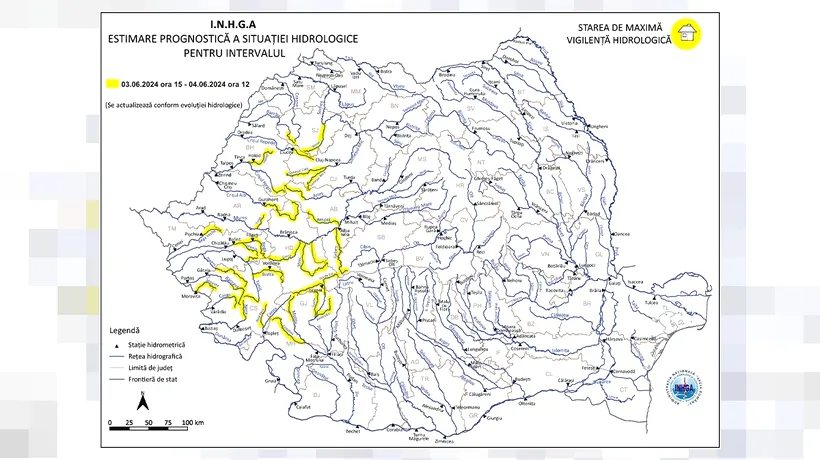 Cod Galben de viituri și inundații în bazinele hidrografice din Vestul și Sud-Vestul României